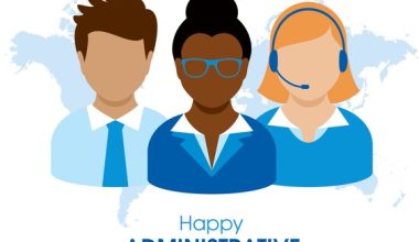 An illustration of a team of administrative professionals including two women and one man, commemorating Administrative Professionals Day.