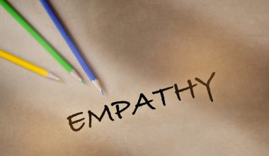The word "Empathy" is written on a piece of paper with three colored pencils in purple, green and yellow laying on top of it.