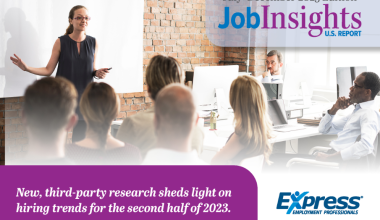 Cover of the Job Insights brochure that features a photo of a woman standing in front of a seated group giving a presentation. It says "July to December 2023 Edition. Job Insights. U.S. Report. New, third-party research sheds light on hiring trends for the second half of 2023." It also has the Express Employment Professionals logo.