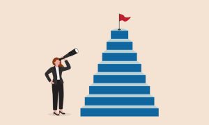 Growth step to success, visionary to see business opportunity or career path, journey to reach goal or achievement concept, smart businesswoman looking through telescope for target on top of stairway.
