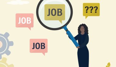 Illustration of a black woman using a magnifying glass to examine the word 'JOB' in a speech bubble, surrounded by other job-related icons and symbols.
