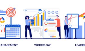 A illustration of a team of individuals working together on a project, utilizing charts and timelines to ensure seamless progress and achieve successful completion. There are three sections that include project management with a calendar and charts, workflow with additional charts, and leadership with more charts and a trophy.