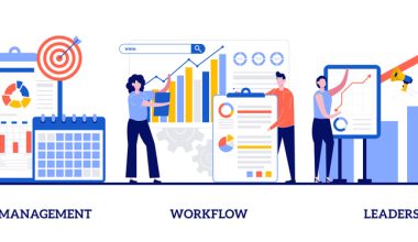 A illustration of a team of individuals working together on a project, utilizing charts and timelines to ensure seamless progress and achieve successful completion. There are three sections that include project management with a calendar and charts, workflow with additional charts, and leadership with more charts and a trophy.