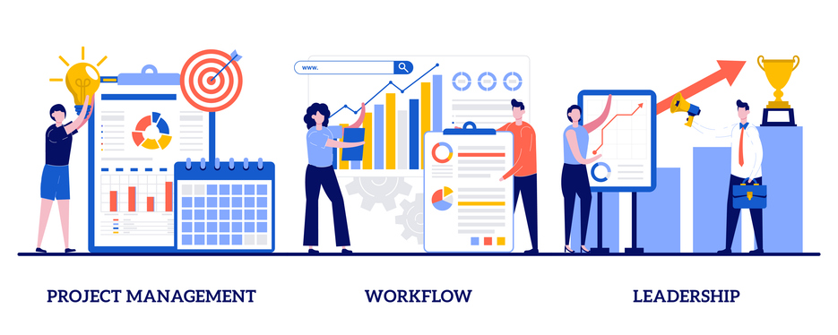 A illustration of a team of individuals working together on a project, utilizing charts and timelines to ensure seamless progress and achieve successful completion. There are three sections that include project management with a calendar and charts, workflow with additional charts, and leadership with more charts and a trophy. 
