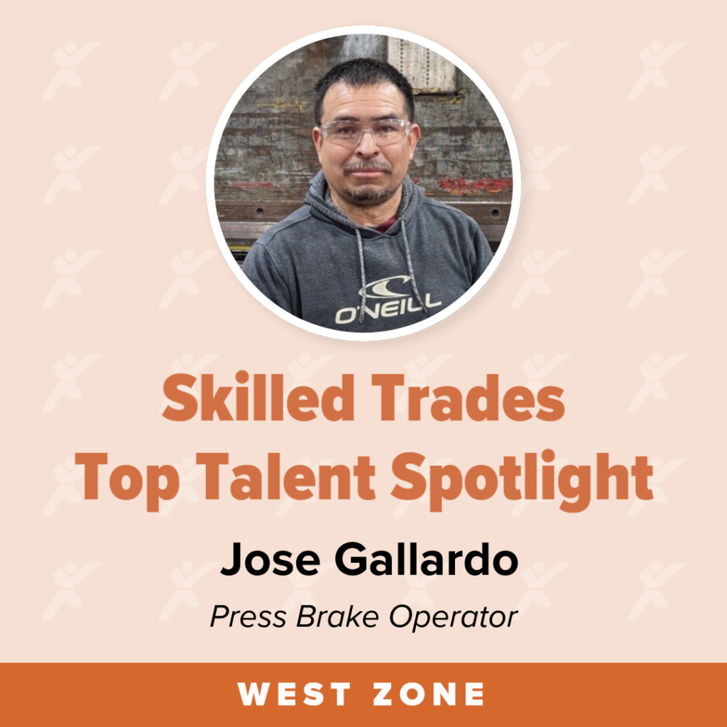 An orange graphic has a circle with a man's photo and says "Skilled Trades Top Talent Spotlight. Jose Gallardo. Press Brake Operator. West Zone."