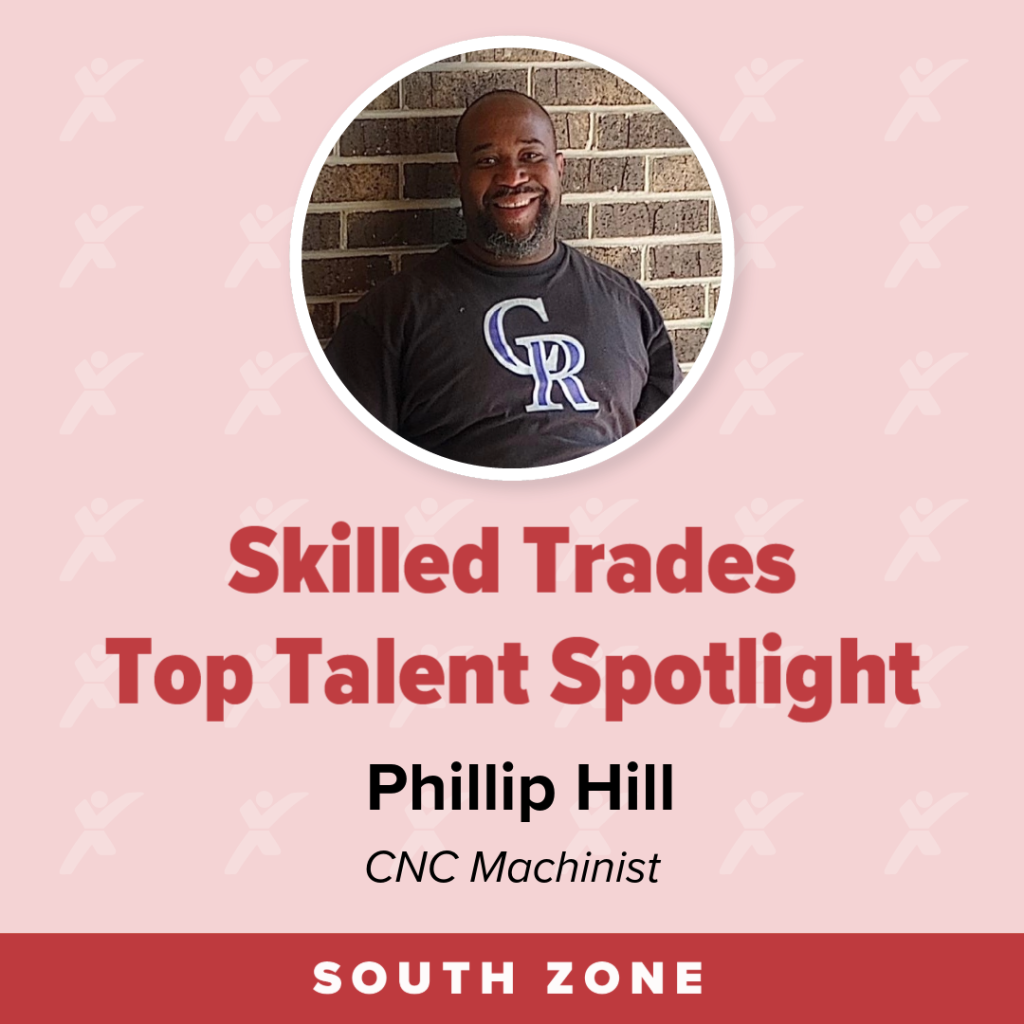 A red graphic has a circle with a man's photo and says "Skilled Trades Top Talent Spotlight. Phillip Hill. CNC Machinist. South Zone."