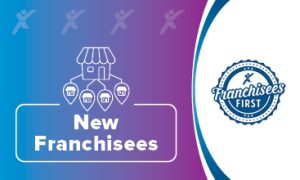 Gradient background with "New Franchisees" text and office building icons on the left, and a "Franchisees First" emblem on the right.