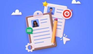 Illustration of two clipboards with resumes on a blue background, featuring profile icons, text lines, and decorative elements like a pencil, gear, chat bubble, star, target with arrow, and clouds.