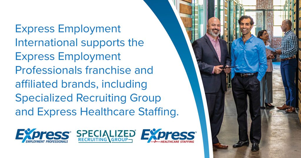 A promotional image featuring a professional meeting scene on one side and information about Express Employment International on the other, with exposed brick walls and natural lighting in the background. 

Text Presented in the Image says Express Employment International supports the Express Employment Professionals franchise and affiliated brands, including Specialized Recruiting Group and Express Healthcare Staffing. 

Logos Presented in the Image include Express Employment Professionals, Specialized Recruiting Group, and Express Healthcare Staffing 