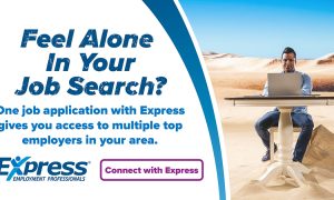 Promotional image featuring a man sitting at a laptop in a desert-like setting appearing stressed, with a message about job search support by Express Employment Professionals on the left side. Text says "Feel Alone in Your Job Search? One job application with Express gives you access to multiple top employers in your area. Express Employment Professionals, Connect with Express"