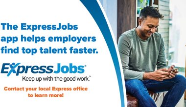Promotional image with text about the ExpressJobs app, featuring a cheerful man using a smartphone on a leather seat indoors. Image Text says The ExpressJobs app helps employers find top talent faster. Express Jobs, Keep up with the good work. Contact your local Express office to learn more!
