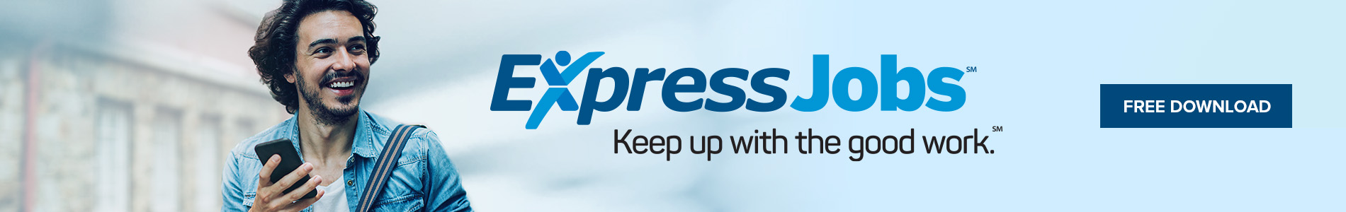 Promotional banner for Express Jobs with a smiling man holding a smartphone, and a "FREE DOWNLOAD" button.