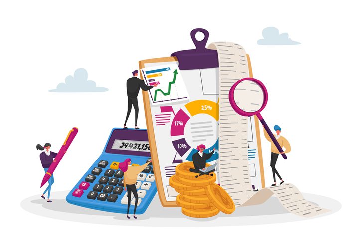 An illustration of financial analysis with charts, a calculator, coins, and tiny people interacting with them.

