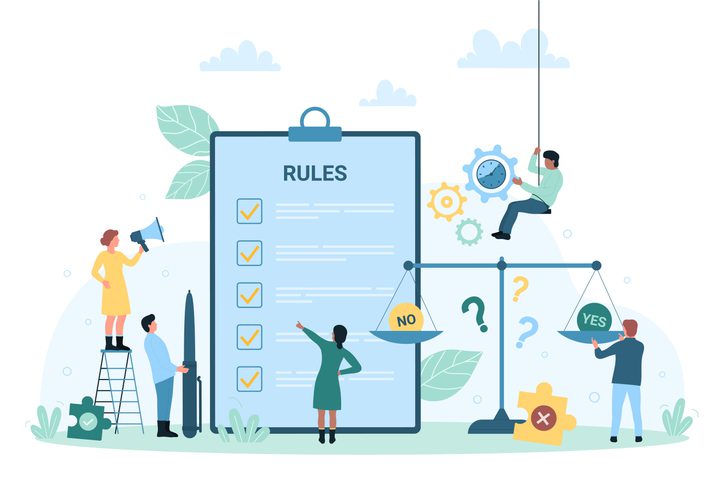 Illustration of a rules checklist with people, a balance scale, and decorative elements.