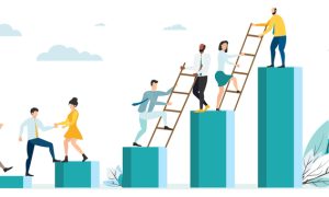 Illustration of people climbing increasing bar chart columns and using ladders to help one another up.