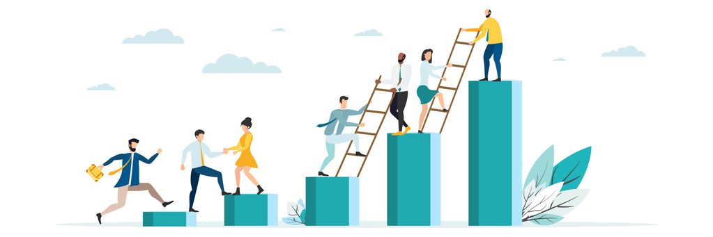 Illustration of people climbing increasing bar chart columns and using ladders to help one another up. 