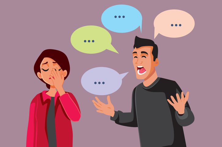 Cartoon illustration of a woman looking frustrated while a man speaks, surrounded by speech bubbles.