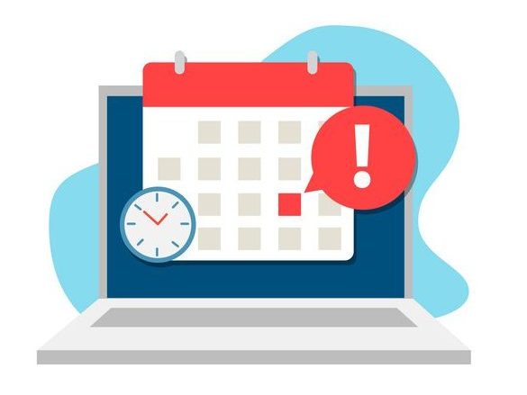 Illustration of a laptop displaying a calendar with a reminder notification and a clock.