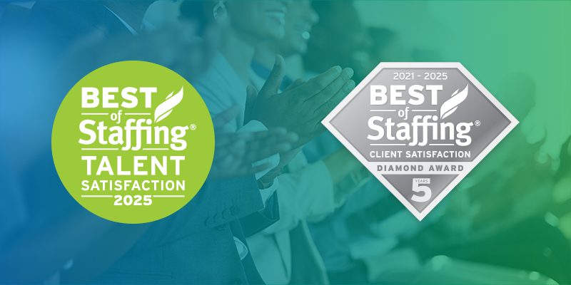 Awards for Best of Staffing Talent and Client Satisfaction over a background of clapping people.