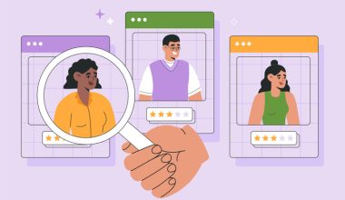 Illustrated profile cards of three people with a magnifying glass highlighting the left card. The cards each contain a five-star rating system, with two different ratings displayed: one with four stars and another with three stars.