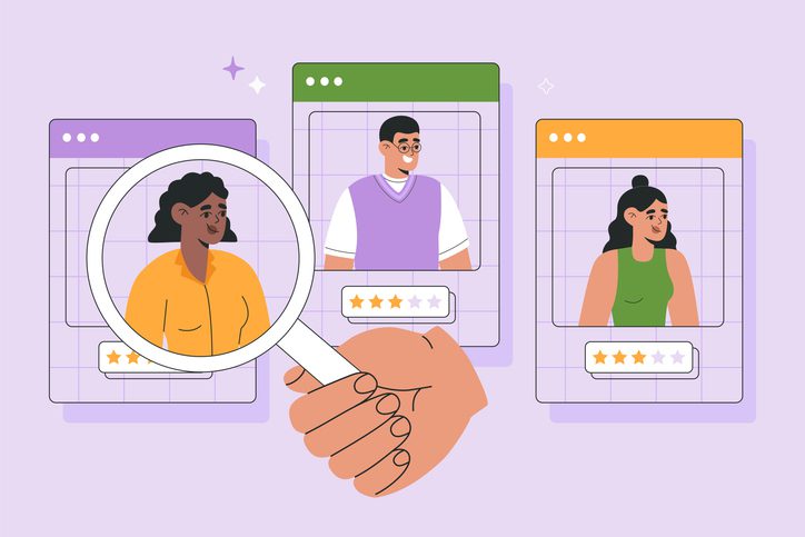 Illustrated profile cards of three people with a magnifying glass highlighting the left card.
The cards each contain a five-star rating system, with two different ratings displayed: one with four stars and another with three stars.
