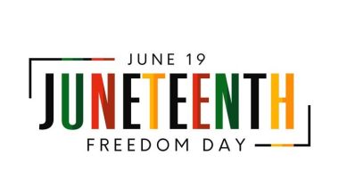 Text "Juneteenth Freedom Day" in bold colors, with June 19 above. Decorative lines frame the text.