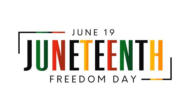 Text "Juneteenth Freedom Day" in bold colors, with June 19 above. Decorative lines frame the text.