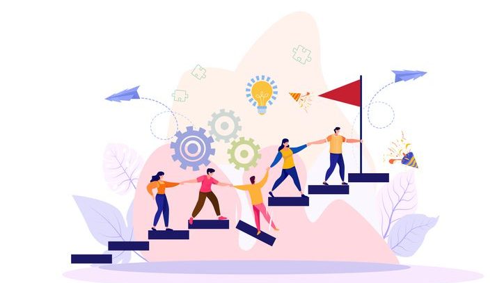 Illustration of five people climbing stairs together with gears, lightbulb, flag, and paper airplanes in the background, symbolizing teamwork and achievement.