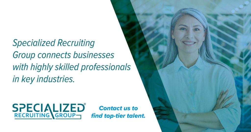 A promotional image with a woman wearing a button-down shirt on the right and text on the left about the Specialized Recruiting Group. Transcribed Text: Specialized Recruiting Group connects businesses with highly skilled professionals in key industries. Contact us to find top-tier talent.