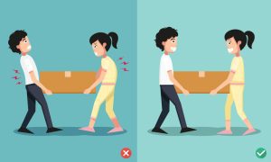 Two cartoon illustrations showing incorrect and correct ways of lifting a box.