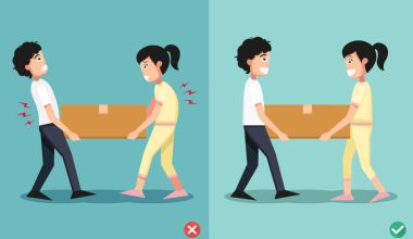 Two cartoon illustrations showing incorrect and correct ways of lifting a box.