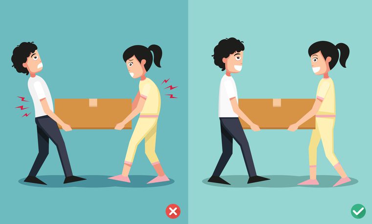 Two cartoon illustrations showing incorrect and correct ways of lifting a box.