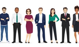 An illustration of nine faceless individuals standing in a row. They are dressed in various professional and casual outfits, including suits, dresses, and casual wear. The background is plain white.