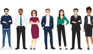 An illustration of nine faceless individuals standing in a row. They are dressed in various professional and casual outfits, including suits, dresses, and casual wear. The background is plain white.