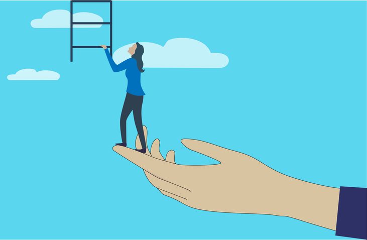 An illustration of a large hand supporting a person who is climbing a ladder. The background is a clear blue sky with a few clouds.