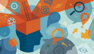 An abstract illustration featuring a human head silhouette with an open top, from which various symbols and icons emerge. These include gears, ladders, magnifying glasses, arrows, speech bubbles, and puzzle pieces. The background is filled with additional gears, clouds, and mathematical symbols.