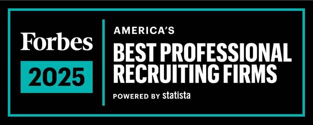 A rectangular graphic with a black background and teal border. The text reads "Forbes 2025 America's Best Professional Recruiting Firms Powered by Statista."