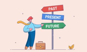 A cartoon businessman stands at a signpost with three arrows labeled "PAST," "PRESENT," and "FUTURE." He touches the "FUTURE" arrow, while a briefcase rests by his feet.