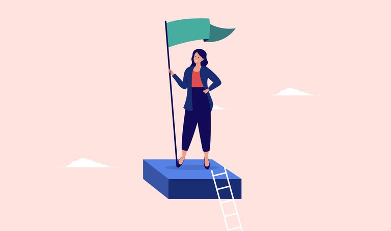 Illustration of a woman on a blue platform holding a green flag, with a white ladder and pink sky in the background.