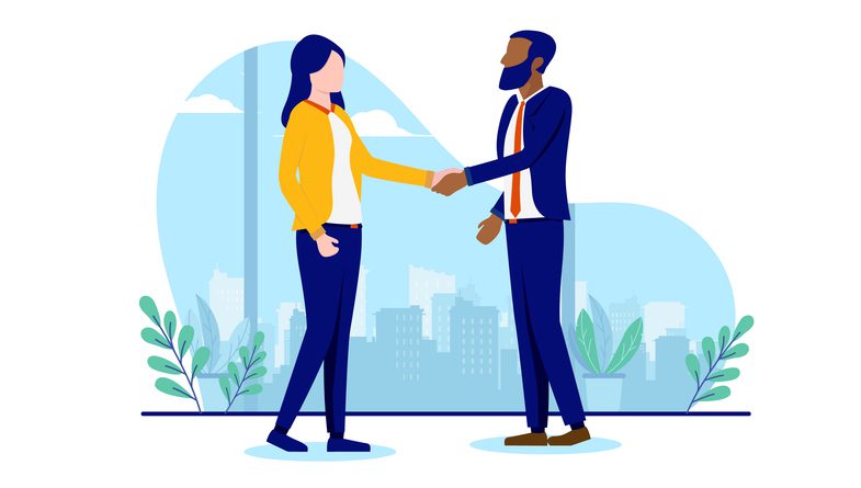 Illustration of two professionals shaking hands in front of a cityscape, symbolizing staffing partnership and business collaboration.