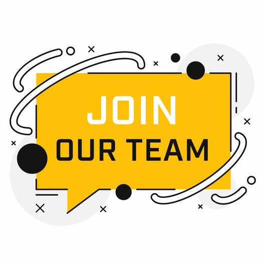 Yellow speech bubble with the text "Join our team" in bold white and black letters, surrounded by abstract black and white shapes on a white background.