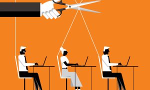Illustration of three people working on laptops at desks, each controlled by strings like marionettes. A large hand with scissors is poised to cut the string of the middle person. The background is orange, and the style is minimalist.