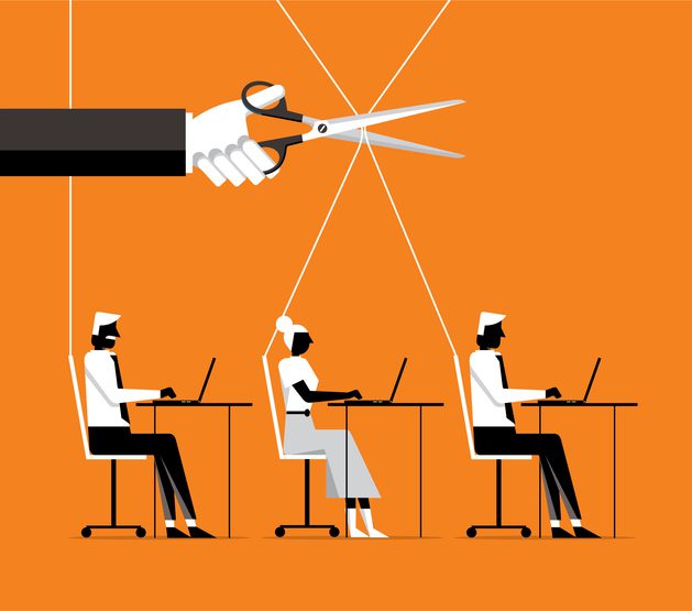Illustration of three people working on laptops at desks, each controlled by strings like marionettes. A large hand with scissors is poised to cut the string of the middle person. The background is orange, and the style is minimalist.