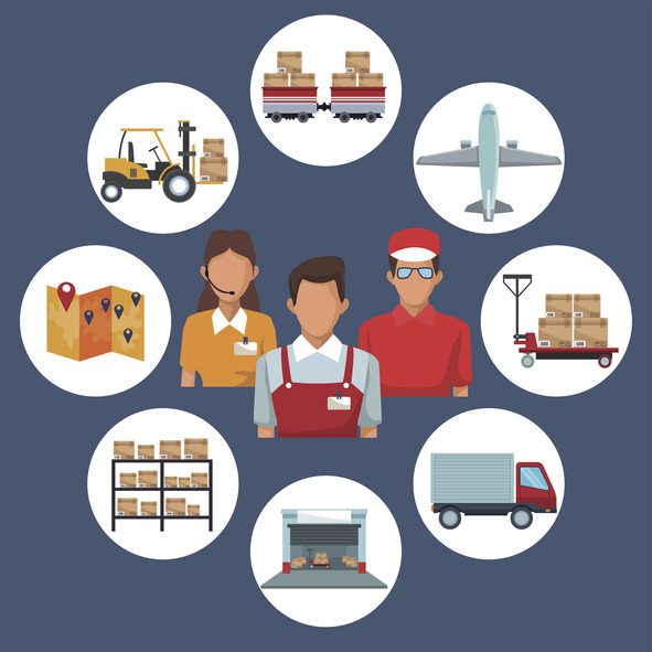 Graphic showing logistics and supply chain elements, including icons of transport vehicles, warehouse, workers, and inventory on a dark blue background.