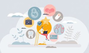 Illustration of a man sitting on a ladder using a laptop, surrounded by icons symbolizing workplace benefits like health, finance, family, and career growth.