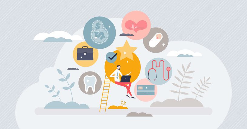 Illustration of a man sitting on a ladder using a laptop, surrounded by icons symbolizing workplace benefits like health, finance, family, and career growth.