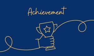 Yellow line drawing of a hand holding a trophy with a star, labeled 'Achievement' in cursive, on a dark blue background