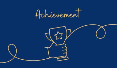 Yellow line drawing of a hand holding a trophy with a star, labeled 'Achievement' in cursive, on a dark blue background