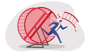 Illustration of a person in a business suit running on a large red hamster wheel that is breaking apart, with pieces flying off. The abstract gray and white background emphasizes the concept of burnout, overwork, and the unsustainable pace of infinite workdays. The image visually represents the struggle to maintain work-life balance and the urgency of setting boundaries in modern workplace culture.