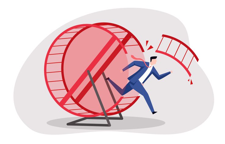 Illustration of a person in a business suit running on a large red hamster wheel that is breaking apart, with pieces flying off. The abstract gray and white background emphasizes the concept of burnout, overwork, and the unsustainable pace of infinite workdays. The image visually represents the struggle to maintain work-life balance and the urgency of setting boundaries in modern workplace culture.